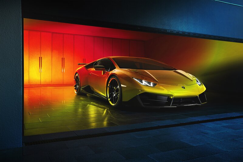 Yellow Sports Car — Dramatic, Night, Photograph, Garage, Lights