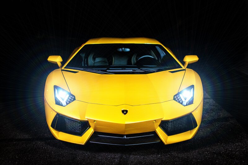Yellow Sports Car — Dramatic, Night, Photograph, Headlights