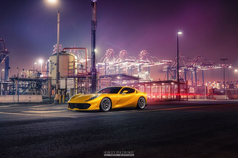 Yellow Sports Car — Dramatic, Night, Photograph, Port Cranes