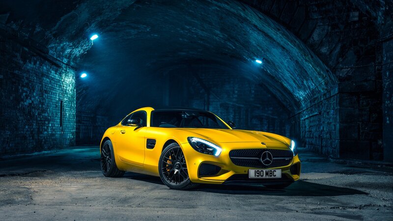 Yellow Sports Car — Dramatic, Night, Photograph, Tunnel, Lights, Bricks