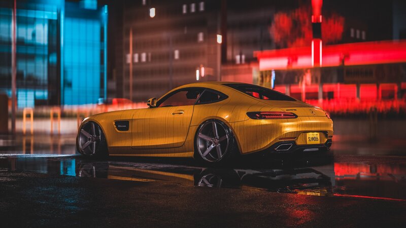 Yellow Sports Car — Dramatic, Night, Photograph, Wet Pavement