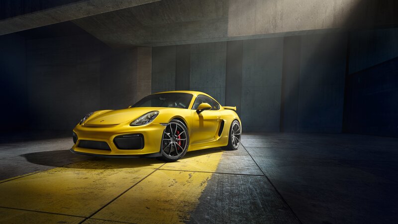 Yellow Sports Car — Dramatic, Photograph, Concrete Walls, Spotlight