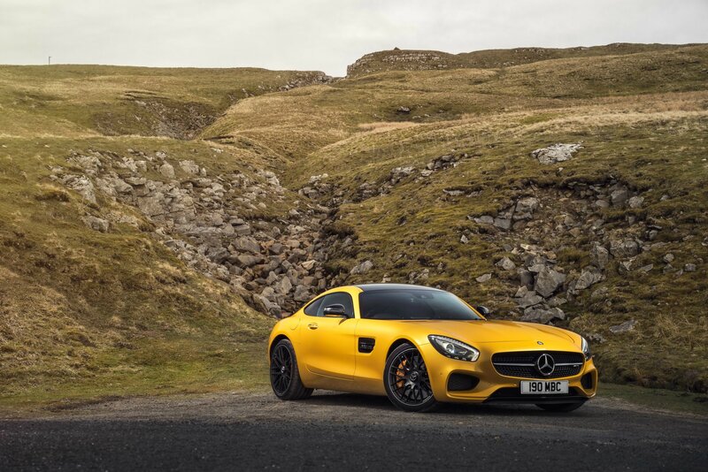 Yellow Sports Car — Dramatic, Photograph, Hills