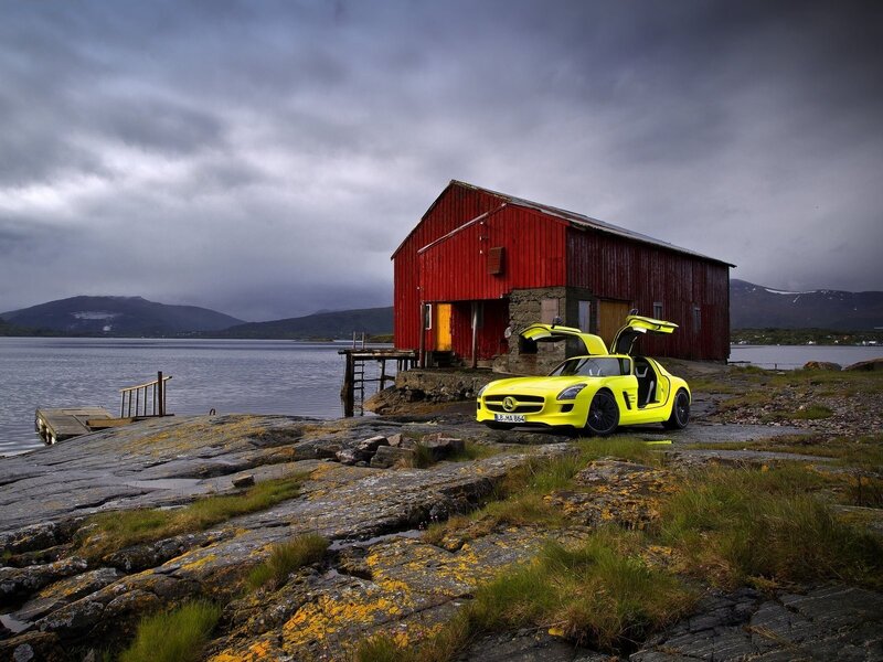 Yellow Sports Car — Dramatic, Photograph, Red Barn, Lake, Mountains