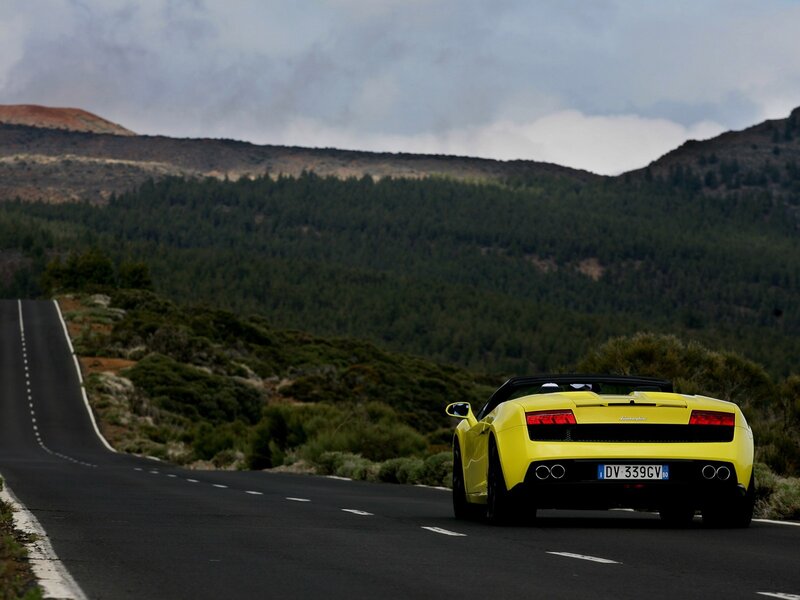 Yellow Sports Car — Dramatic, Photograph, Road, Mountains