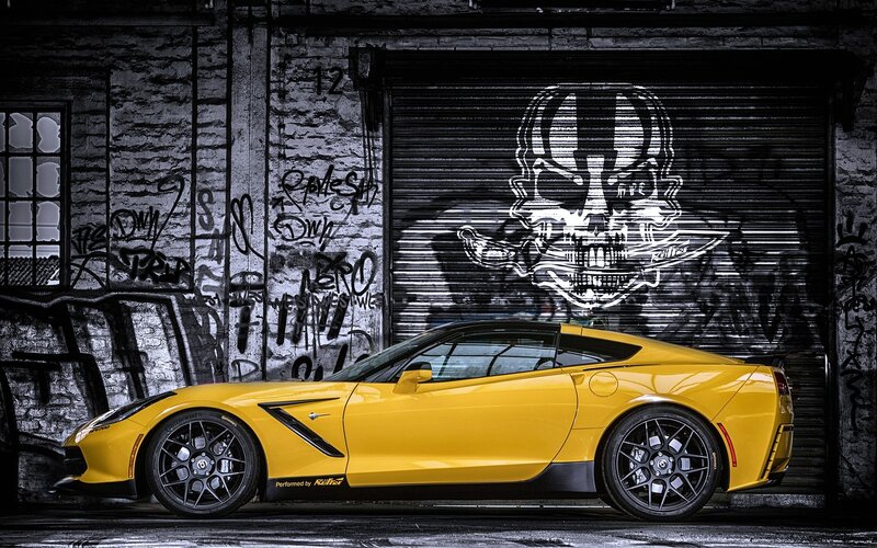 Yellow Sports Car — Dramatic, Photograph, Skull Graffiti