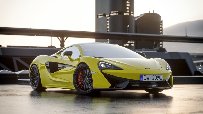 Yellow Sports Car — Dramatic, Sunset, 3d Render, Bridge