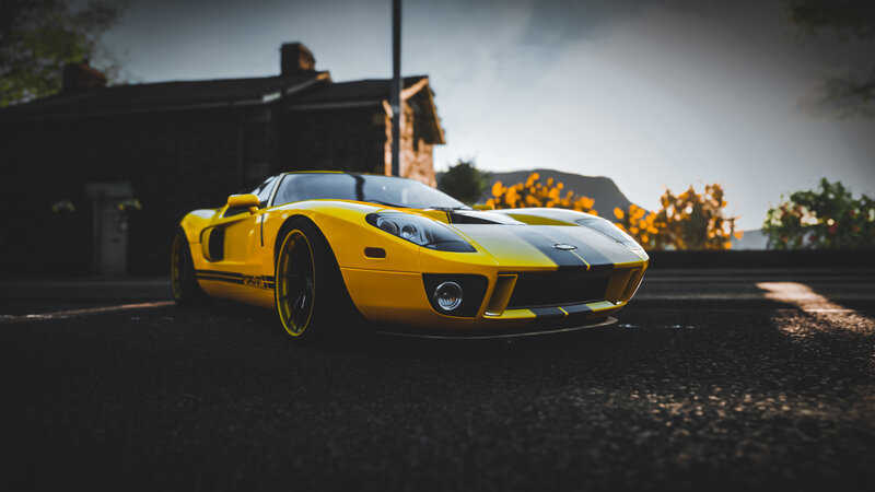 Yellow Sports Car — Dramatic, Sunset, 3d Render, Building, Flowers