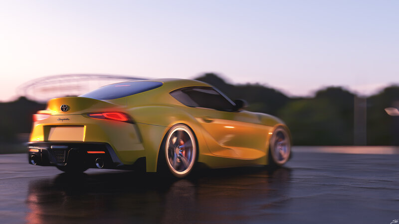 Yellow Sports Car — Dramatic, Sunset, Digital Art, Road, Sky