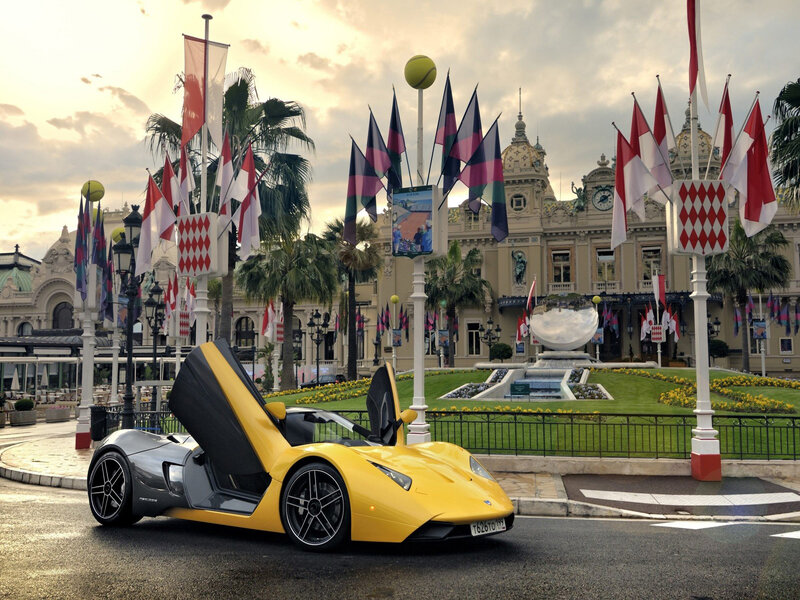 Yellow Sports Car — Dramatic, Sunset, Photograph, Flags