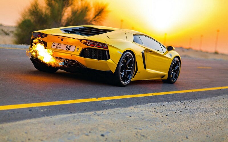 Yellow Sports Car — Dramatic, Sunset, Photograph, Flames