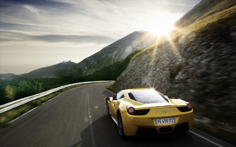 Yellow Sports Car — Dramatic, Sunset, Photograph, Mountain Road, Sunlight