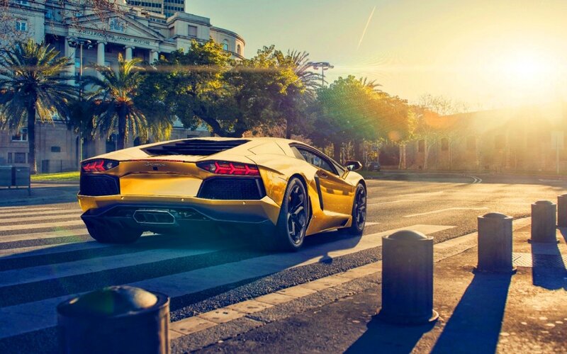 Yellow Sports Car — Dramatic, Sunset, Photograph, Palm Trees