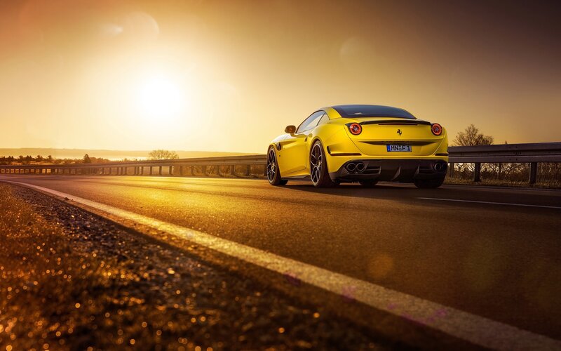 Yellow Sports Car — Dramatic, Sunset, Photograph, Road, Guardrail