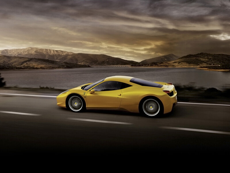 Yellow Sports Car — Dramatic, Sunset, Photograph, Road, Lake
