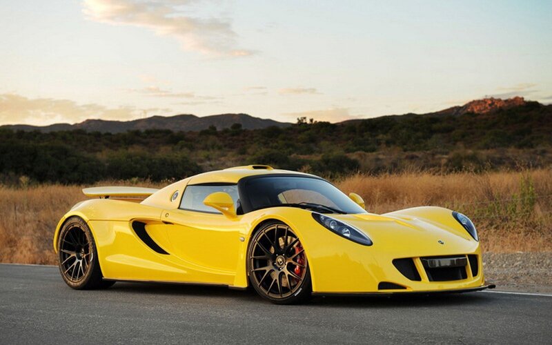 Yellow Sports Car — Dramatic, Sunset, Photograph, Road, Mountains, Sky