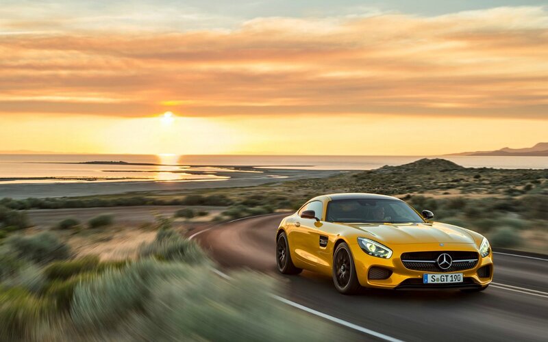 Yellow Sports Car — Dramatic, Sunset, Photograph, Road, Sea