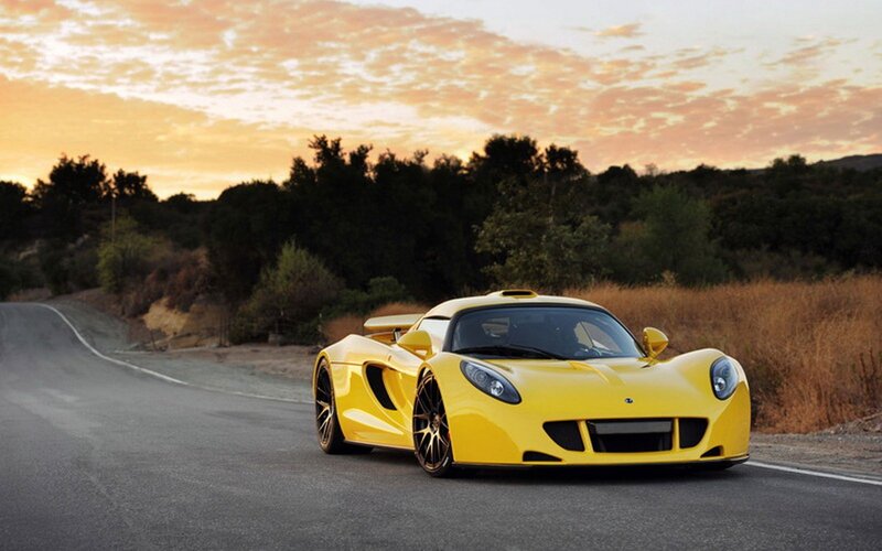 Yellow Sports Car — Dramatic, Sunset, Photograph, Road, Trees