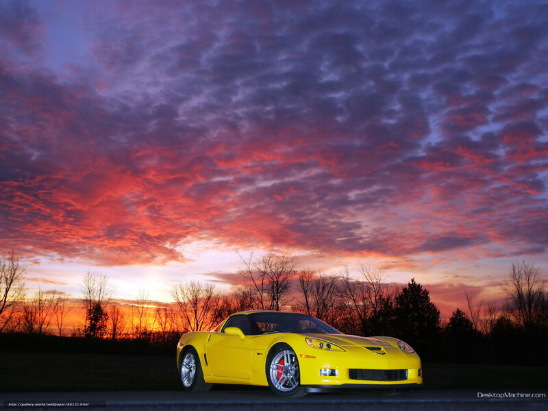 Yellow Sports Car — Dramatic, Sunset, Photograph, Sky, Trees