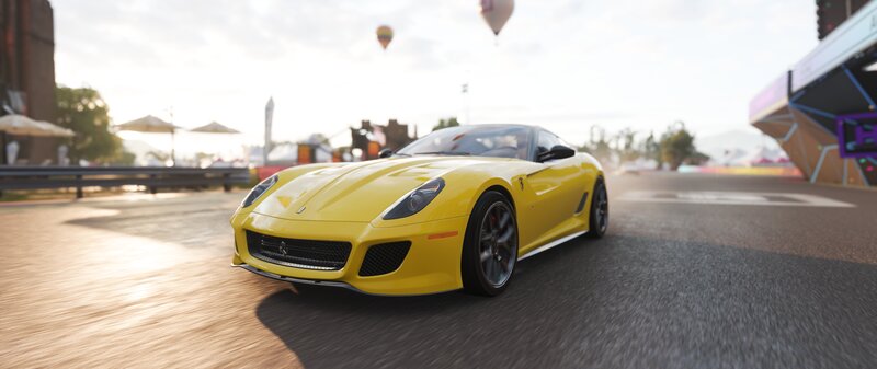 Yellow Sports Car — Dynamic, Afternoon, 3d Render, Hot Air Balloons