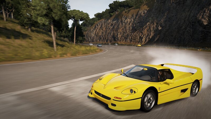 Yellow Sports Car — Dynamic, Afternoon, 3d Render, Road, Trees, Cliff