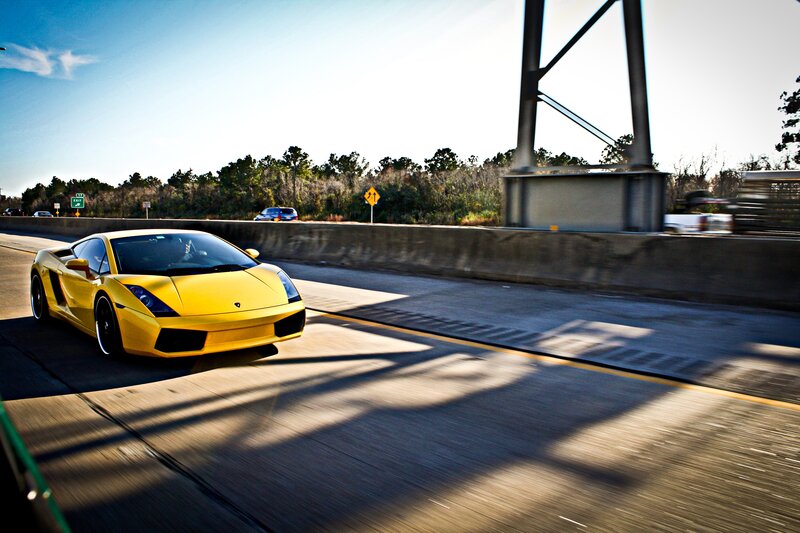 Yellow Sports Car — Dynamic, Afternoon, Photograph, Highway, Bridge