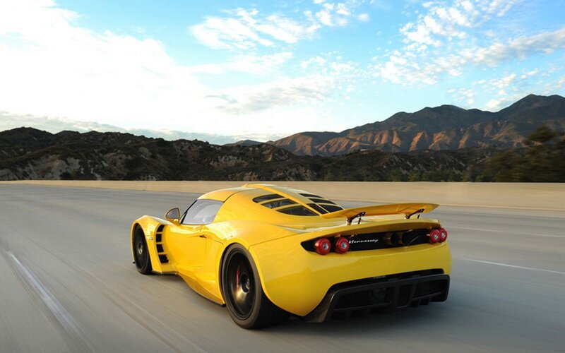 Yellow Sports Car — Dynamic, Afternoon, Photograph, Road, Mountains, Sky