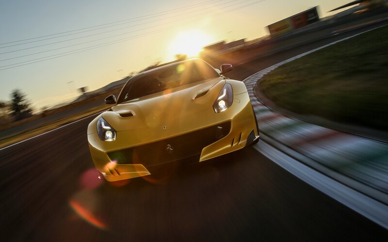 Yellow Sports Car — Dynamic, Sunset, Photograph, Race Track, Headlights
