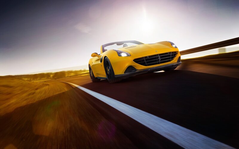 Yellow Sports Car — Dynamic, Sunset, Photograph, Road, Guardrail