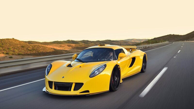Yellow Sports Car — Dynamic, Sunset, Photograph, Road, Hills, Guardrail