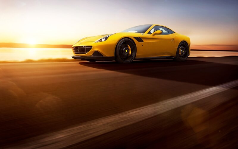Yellow Sports Car — Dynamic, Sunset, Photograph, Road, Water