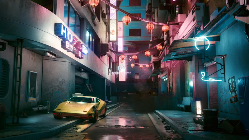 Yellow Sports Car in Alley — Blue