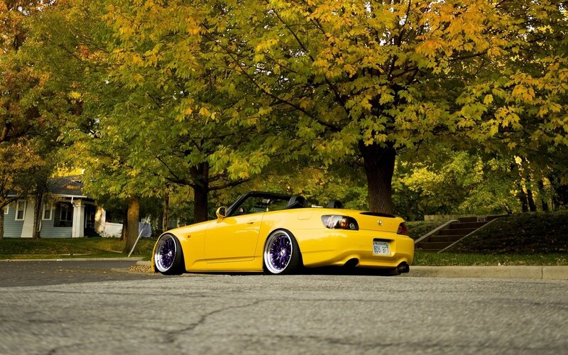 Yellow sports car in autumn