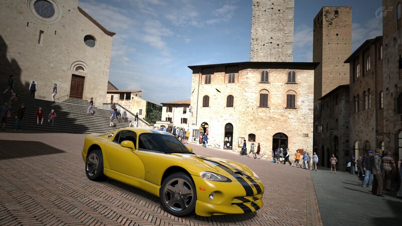 Yellow sports car in Italian town
