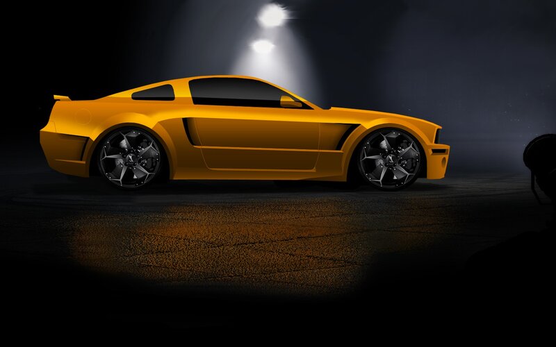 Yellow sports car in spotlight