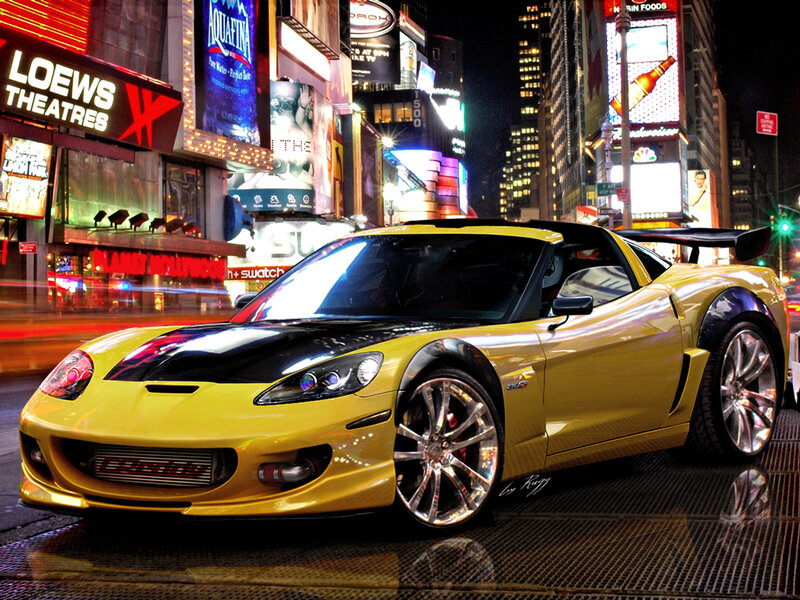 Yellow sports car in Times Square