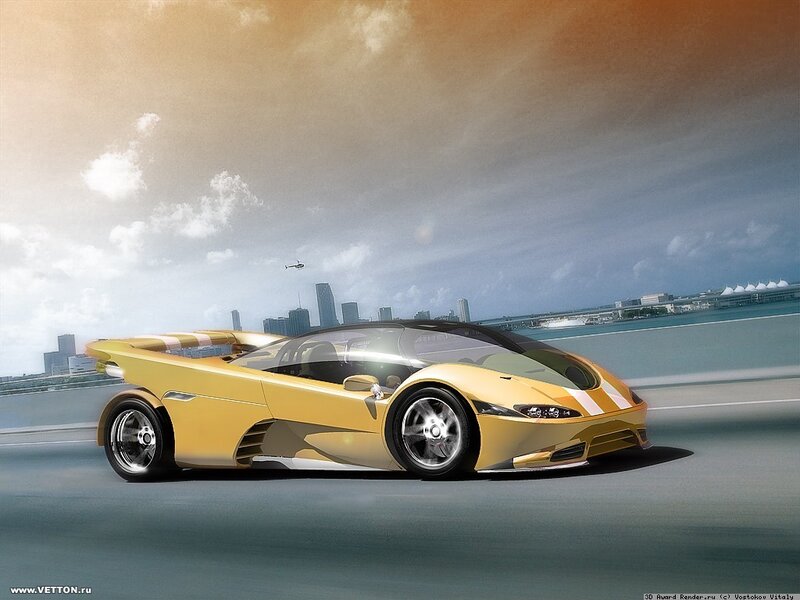 Yellow sports car on city road