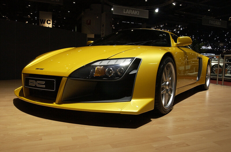yellow sports car on display