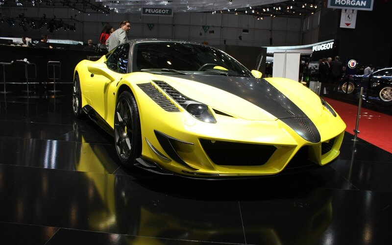 Yellow sports car on display