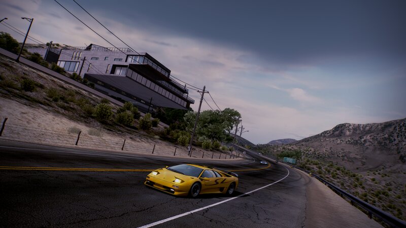 Yellow Sports Car on Road — Dramatic, Sunset, 3d Render, Building