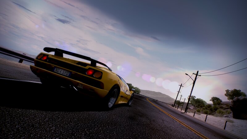 Yellow Sports Car on Road — Dramatic, Sunset, 3d Render, Mountains