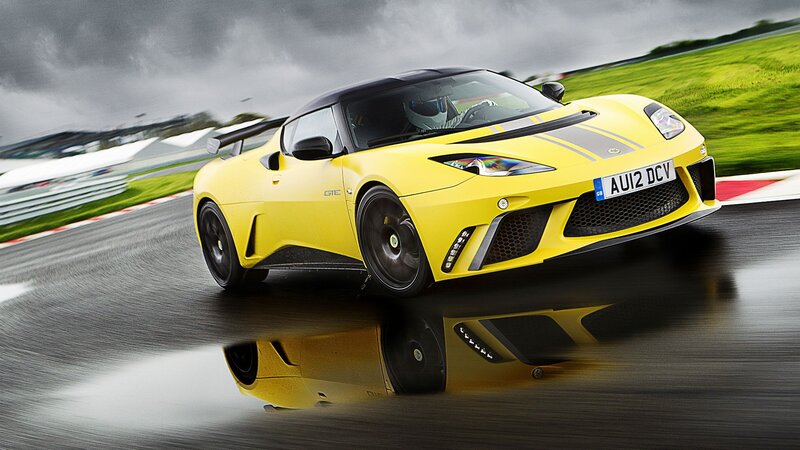 Yellow sports car on wet track