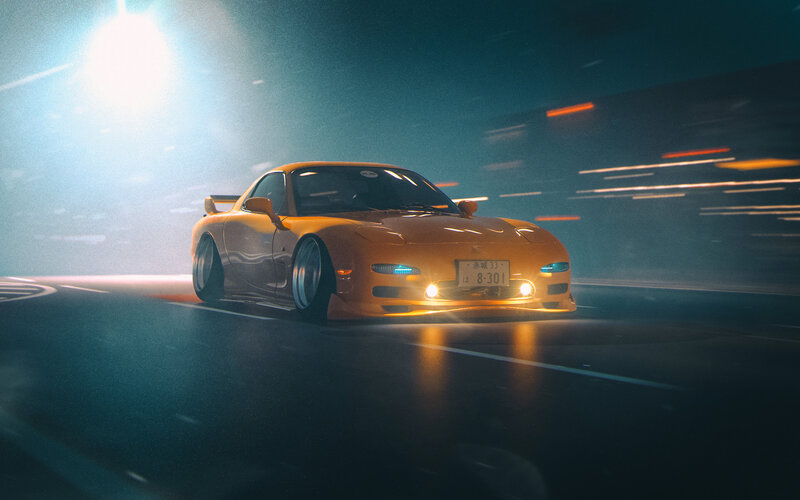Yellow Sports Car — Orange, Dramatic, Night