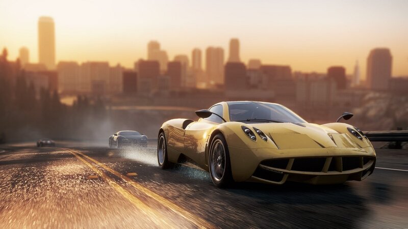 Yellow sports car racing at sunset