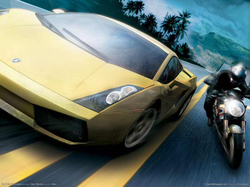 Yellow sports car racing motorcycle
