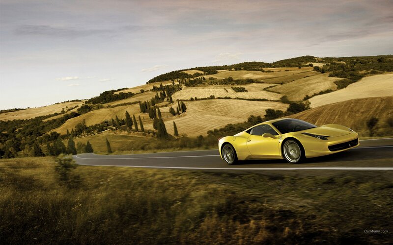 Yellow Sports Car — Serene, Afternoon, Photograph, Road, Hills, Green, Brown