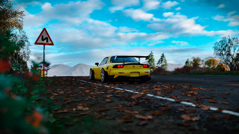 Yellow Sports Car — Serene, Autumn, 3d Render, Road Sign