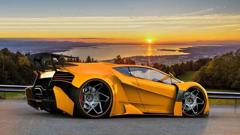 Yellow Sports Car — Serene, Sunset, 3d Render, Lake