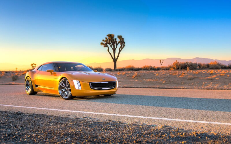 Yellow Sports Car — Serene, Sunset, Photograph, Desert