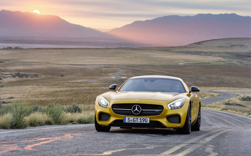 Yellow Sports Car — Serene, Sunset, Photograph, Road